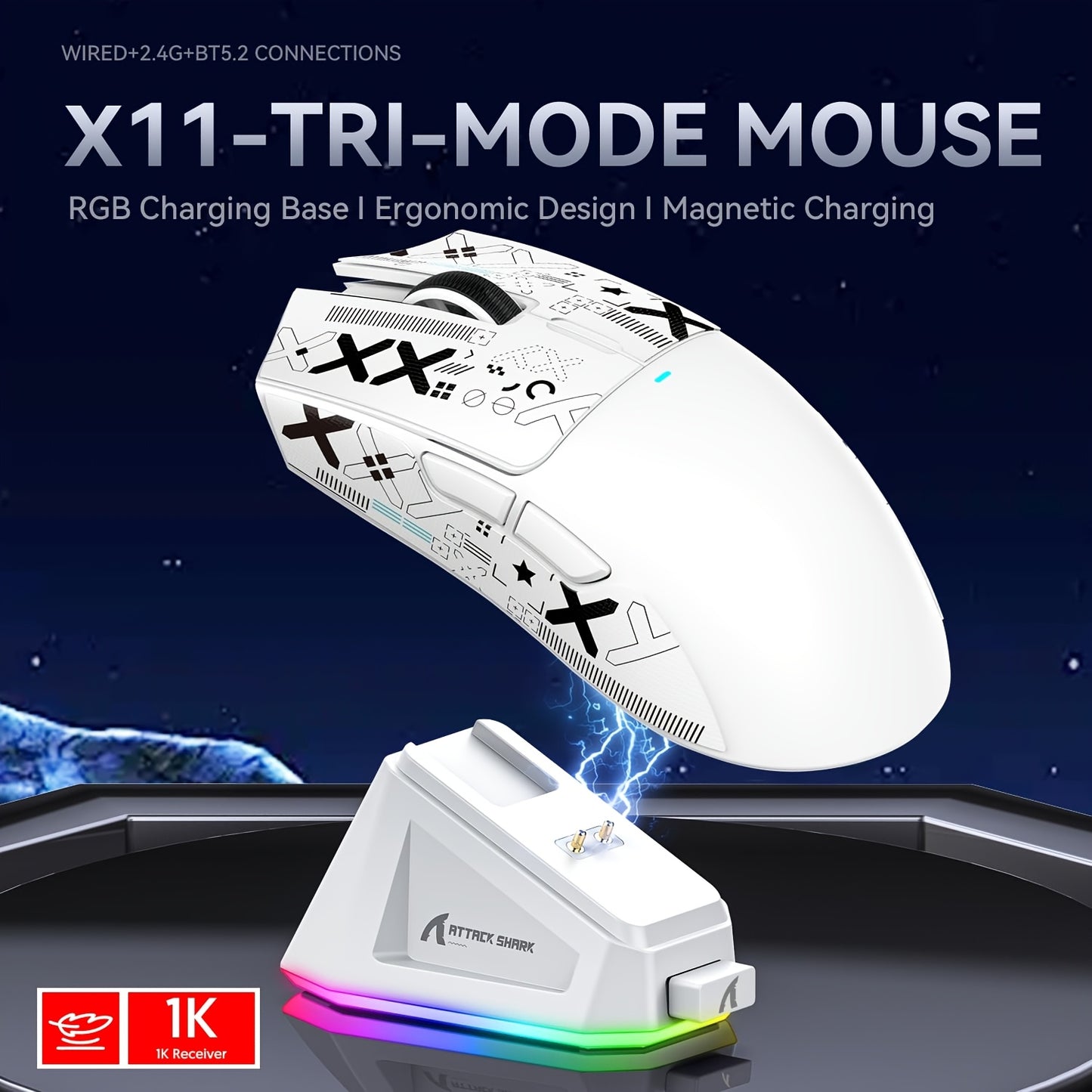 Mouse da gioco wireless leggero ATTACK SHARK X11 con base di ricarica RGB, modalità cablata 2.4G/USB-C/BT 3, 22K DPI, sensore PAW3311, interruttore HUYU, 5 pulsanti programmabili, per PC bianco e adesivo