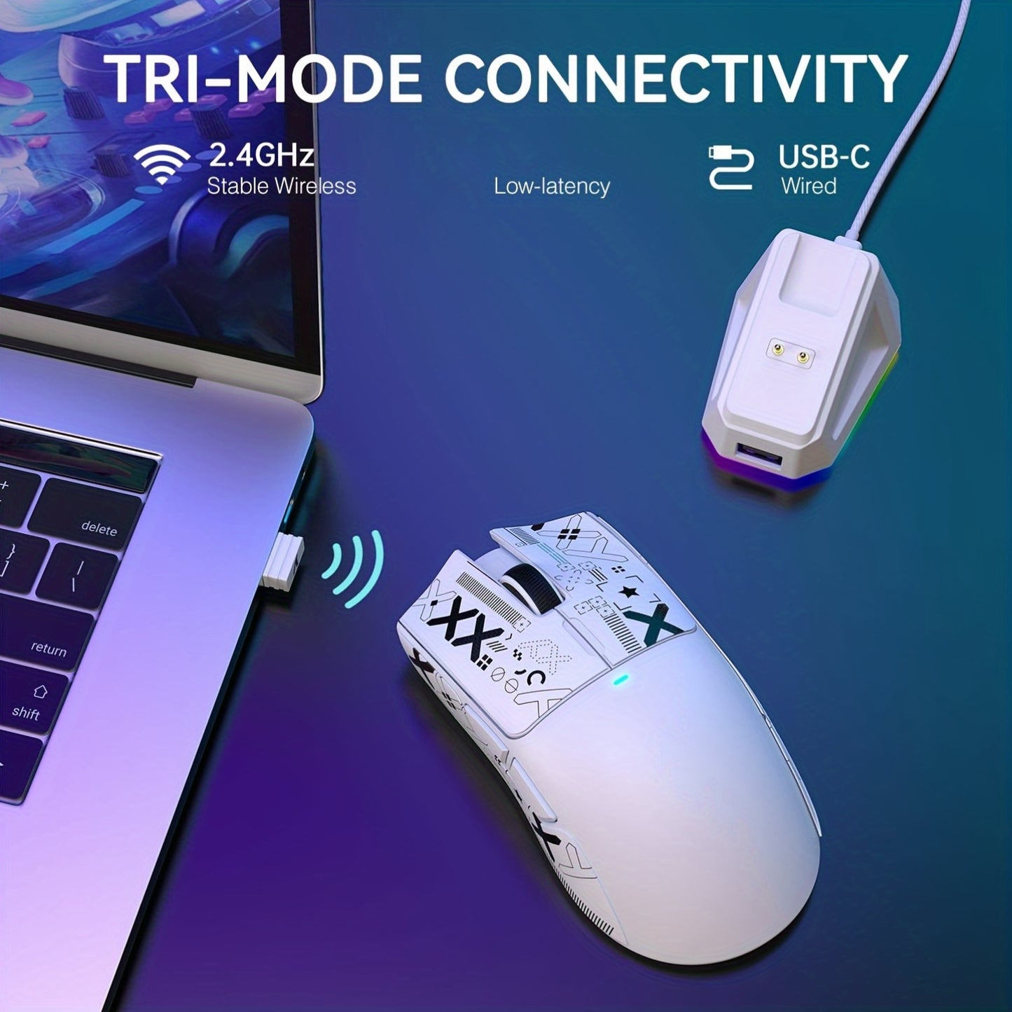Mouse da gioco wireless leggero ATTACK SHARK X11 con base di ricarica RGB, modalità cablata 2.4G/USB-C/BT 3, 22K DPI, sensore PAW3311, interruttore HUYU, 5 pulsanti programmabili, per PC bianco e adesivo