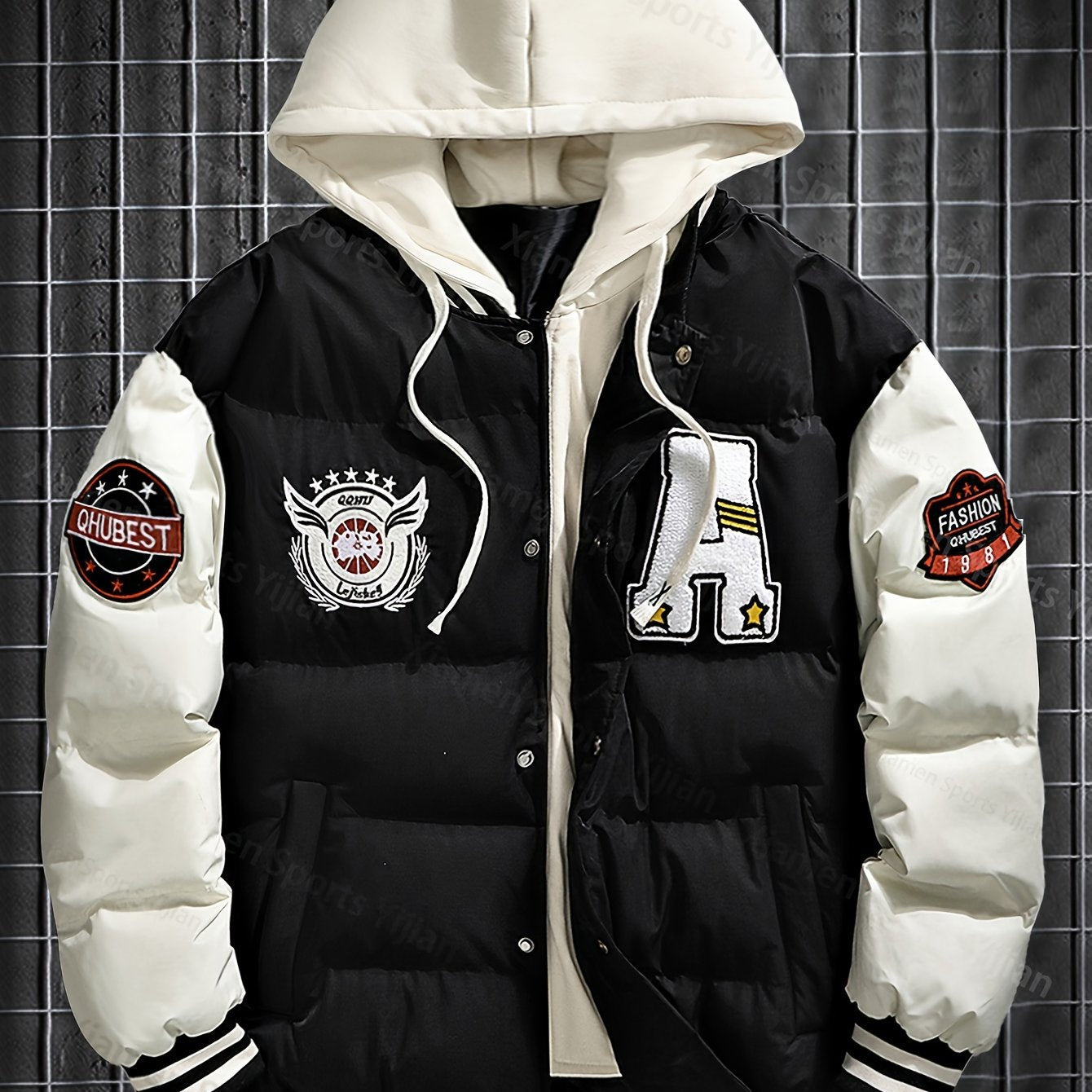 Giacca pesante con cappuccio da uomo e da donna - Cappotto da baseball a blocchi di colore rosso e bianco con chiusura frontale con cerniera, tessuto non elasticizzato - Capispalla invernale per coppie, abbigliamento casual da strada