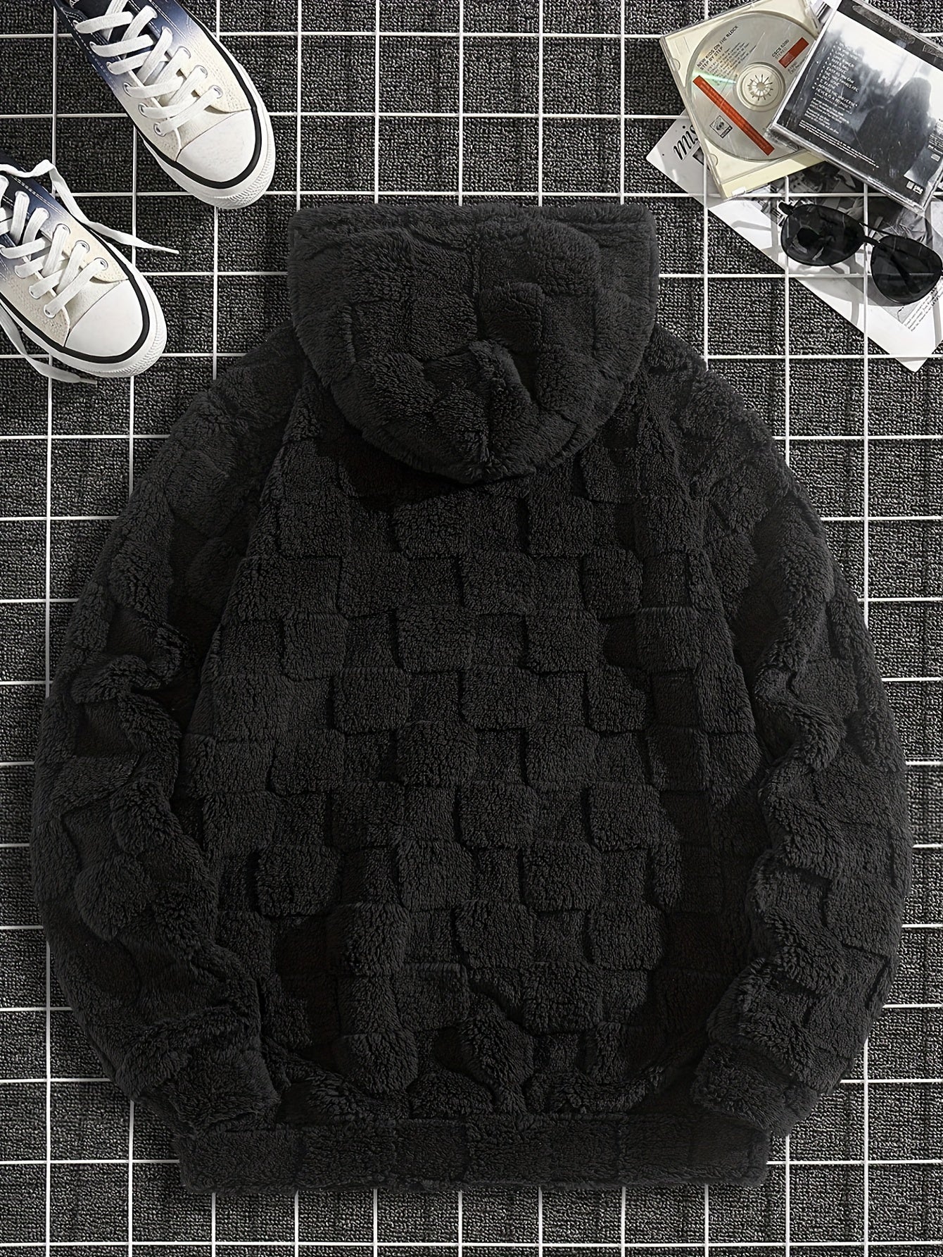 Felpa con cappuccio da uomo in peluche ricamata California Westcoast - Pile doppio in poliestere spesso e morbido con dettagli a quadri, pullover casual a maniche lunghe per autunno e inverno, felpa con cappuccio foderata in pile
