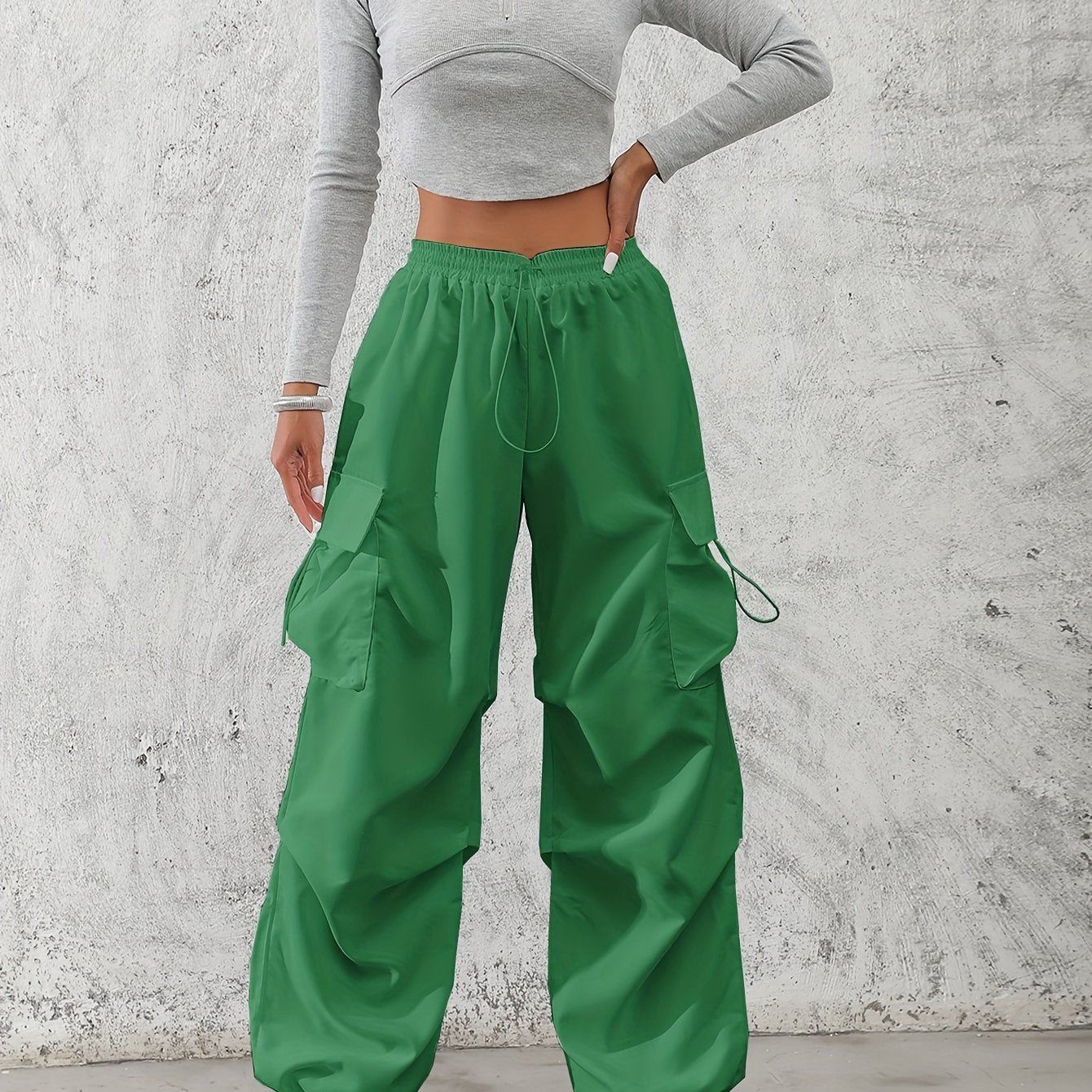 Women'S Fashionable Solid Color Polyester Cargo Pants, 100% Polyester, All-Season, Drawstring Waist, Woven, 120g/m², Adult Casual Elegant Trousers