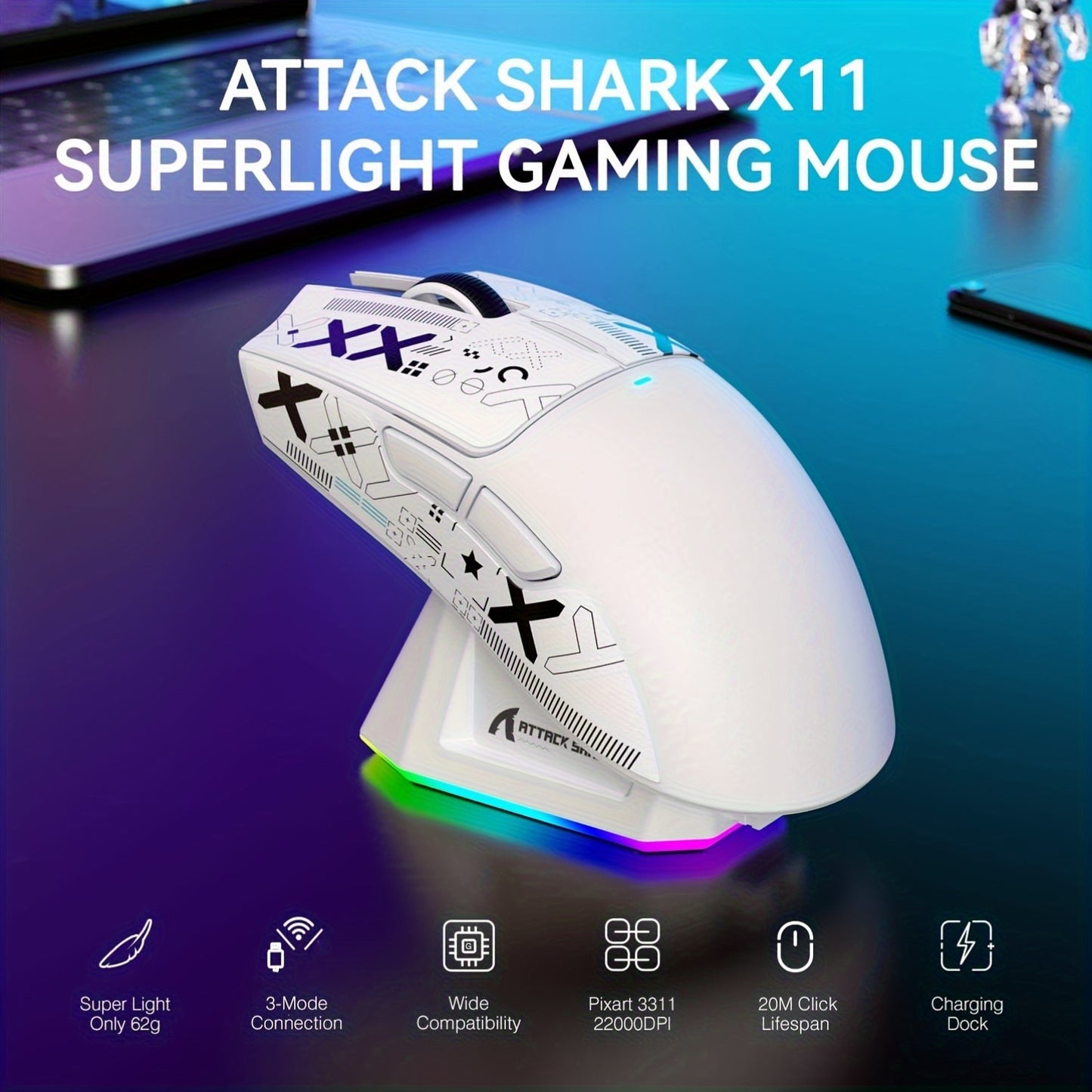 Mouse da gioco wireless leggero ATTACK SHARK X11 con base di ricarica RGB, modalità cablata 2.4G/USB-C/BT 3, 22K DPI, sensore PAW3311, interruttore HUYU, 5 pulsanti programmabili, per PC bianco e adesivo