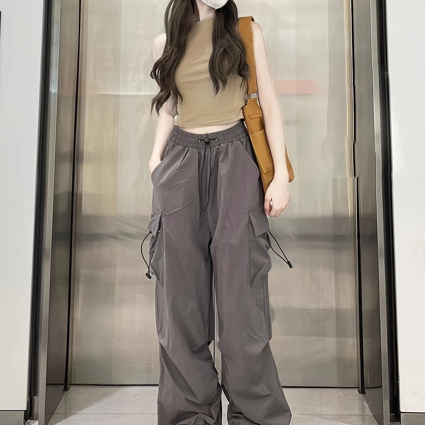 1pc Women'S Casual Cargo Pants, Solid Color Polyester, Spring/Fall Fashion, Multiple Pockets, Woven Weave, Adult Fit