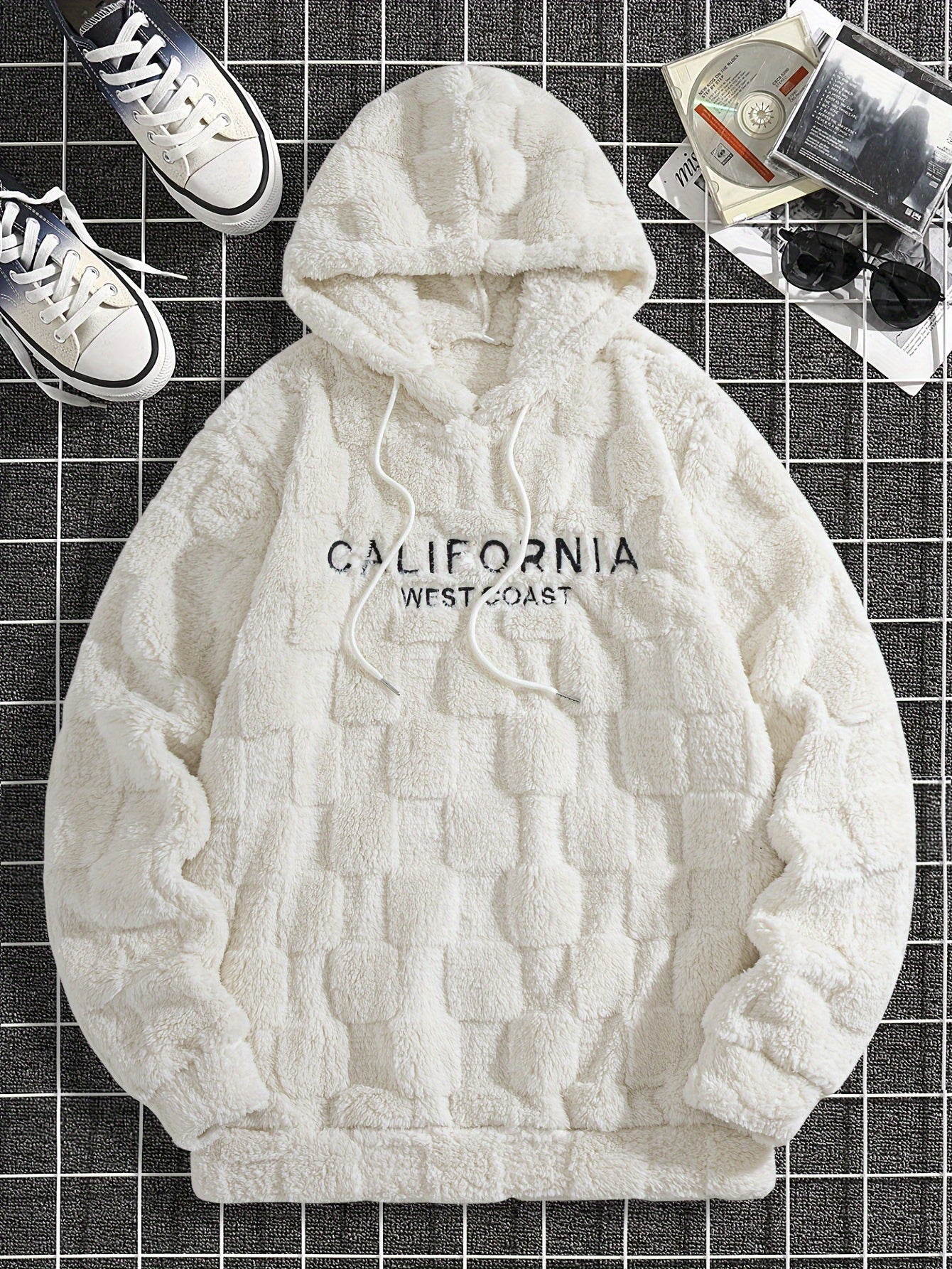 Felpa con cappuccio da uomo in peluche ricamata California Westcoast - Pile doppio in poliestere spesso e morbido con dettagli a quadri, pullover casual a maniche lunghe per autunno e inverno, felpa con cappuccio foderata in pile