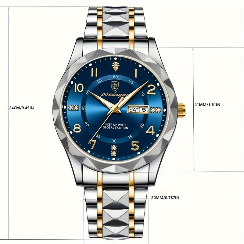 Orologio da polso al quarzo da uomo POEDAGAR, casual, business, da sera, luminoso, cinturino in lega, cassa rotonda, display digitale, movimento svizzero, azionamento elettronico, batteria a bottone non ricaricabile