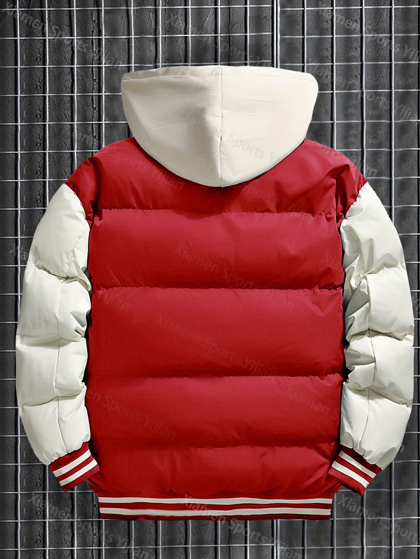Giacca pesante con cappuccio da uomo e da donna - Cappotto da baseball a blocchi di colore rosso e bianco con chiusura frontale con cerniera, tessuto non elasticizzato - Capispalla invernale per coppie, abbigliamento casual da strada