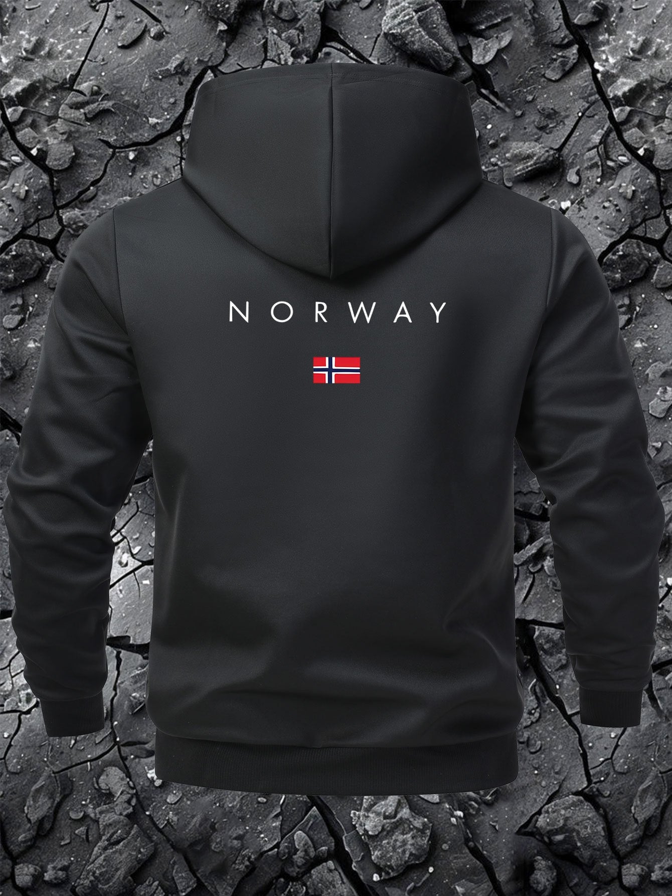 Giacca casual da uomo con cappuccio e stampa della mappa della Norvegia - Chiusura con cerniera, fodera in poliestere, tasche multiple, elegante design nero con logo rosso e bianco, capospalla casual |