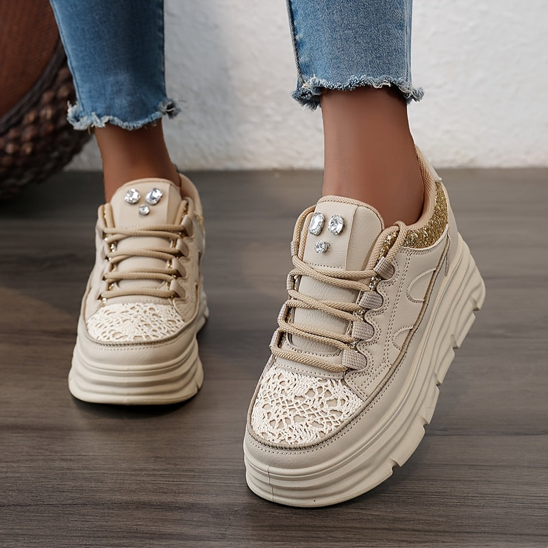 Women's Beige Chunky Sneakers with Glitter Accents - 6cm Height Increase, Durable PVC Sole, Lace-Up Casual Skate Shoes, High Quality Synthetic Leather Upper, Comfortable for Casual Attire