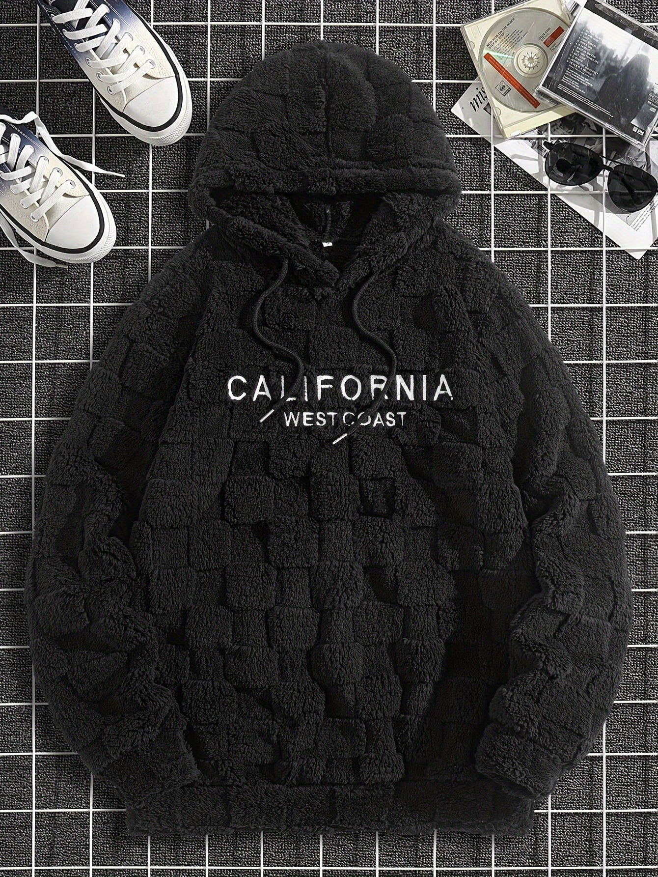 Felpa con cappuccio da uomo in peluche ricamata California Westcoast - Pile doppio in poliestere spesso e morbido con dettagli a quadri, pullover casual a maniche lunghe per autunno e inverno, felpa con cappuccio foderata in pile