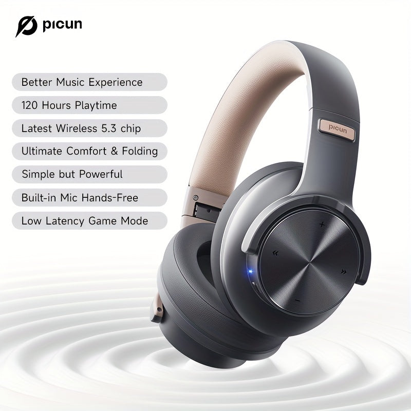 Cuffie wireless Picun B8, 120 ore di autonomia, 3EQ e modalità gioco, chiamate in vivavoce, cuffie pieghevoli sovraurali per viaggi, casa, ufficio, cellulare, PC