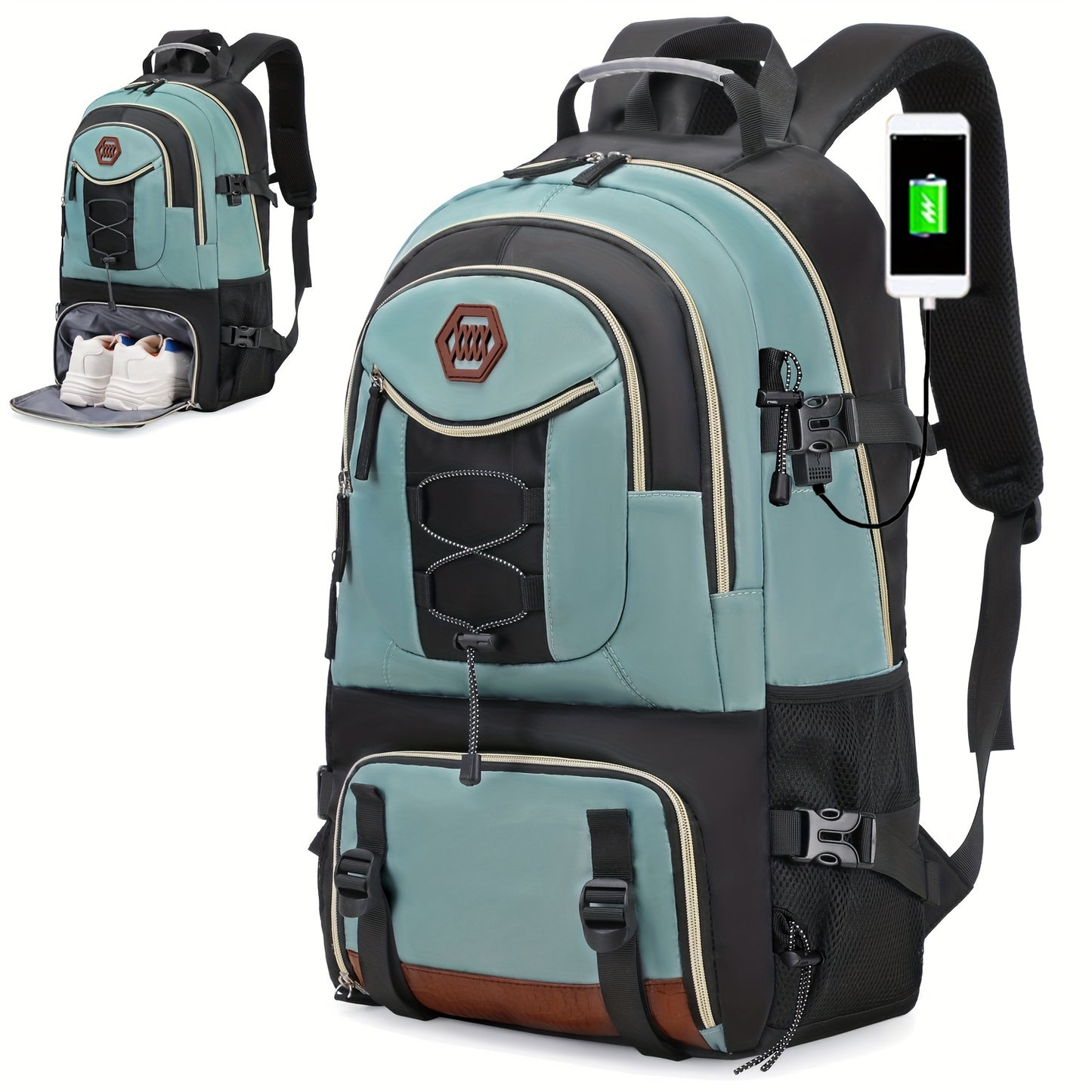 Zaino da viaggio di grande capacità da 40 litri con porta, scomparto per laptop da 17,3 e vano portascarpe - Zaino da trekking resistente con power bank, custodia imbottita per laptop, spallacci imbottiti regolabili