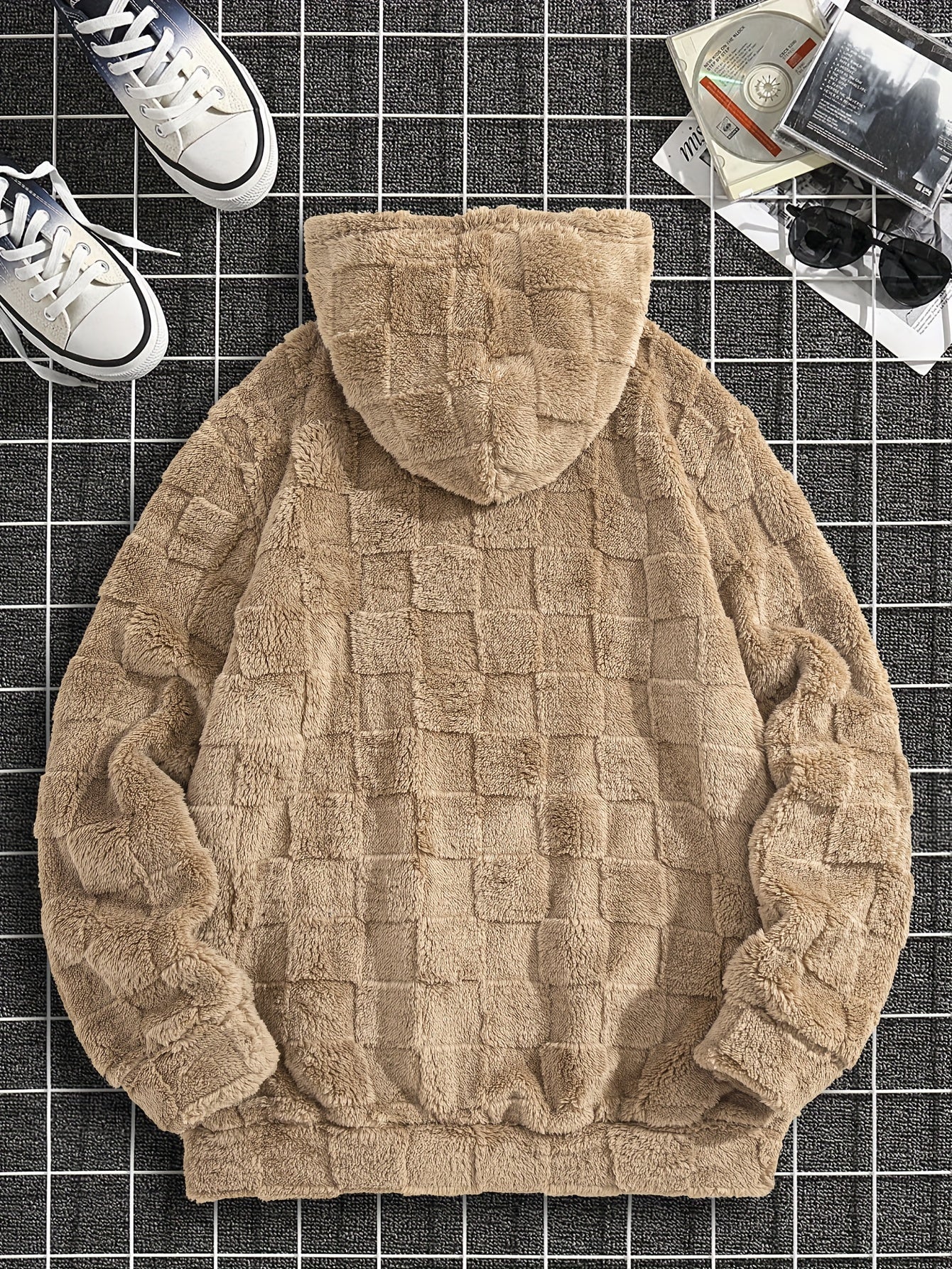 Felpa con cappuccio da uomo in peluche ricamata California Westcoast - Pile doppio in poliestere spesso e morbido con dettagli a quadri, pullover casual a maniche lunghe per autunno e inverno, felpa con cappuccio foderata in pile
