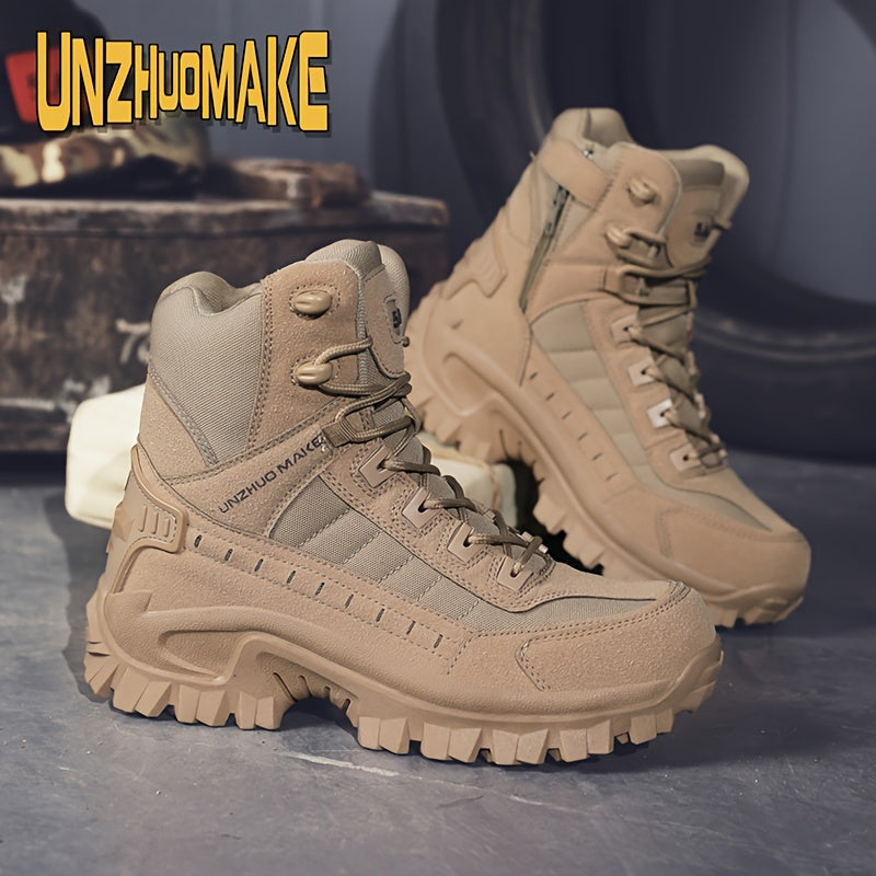 Scarpe da trekking da uomo in stile militare, alte e robuste, con cerniera laterale, comode e resistenti scarpe da ginnastica casual antiscivolo per attività all'aperto da uomo