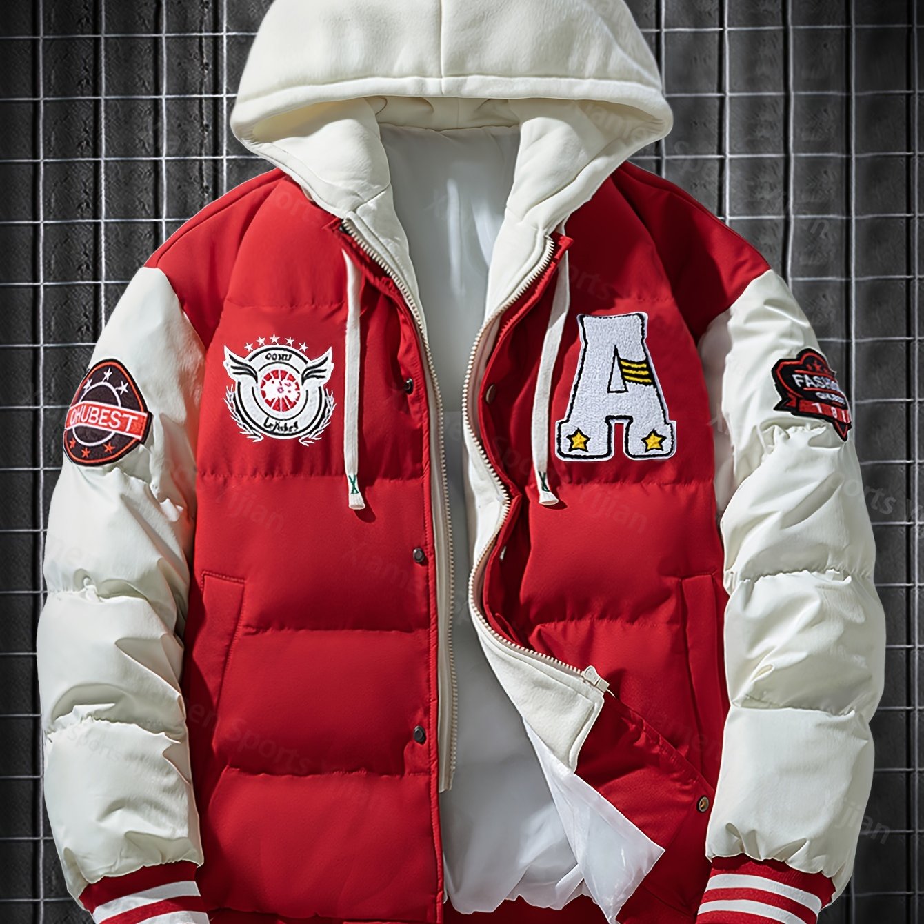 Giacca pesante con cappuccio da uomo e da donna - Cappotto da baseball a blocchi di colore rosso e bianco con chiusura frontale con cerniera, tessuto non elasticizzato - Capispalla invernale per coppie, abbigliamento casual da strada