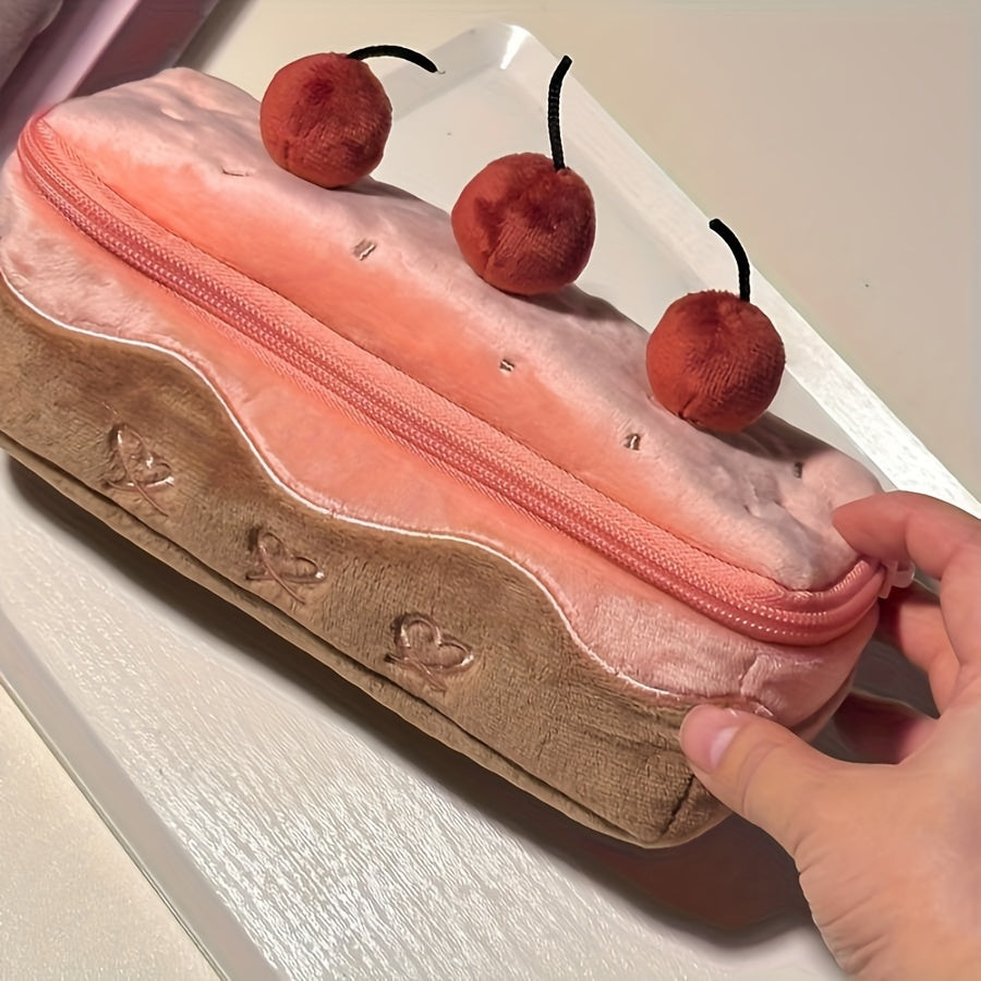 Astuccio portapenne a forma di torta con ciliegie, grazioso astuccio portapenne in peluche con cerniera, grande capacità, organizer portatile per cancelleria
