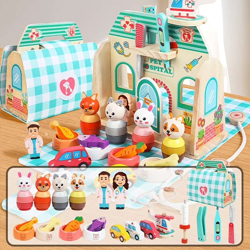 Giocattoli di simulazione per ospedali per animali, giocattoli educativi colorati in legno, gioco creativo e sviluppo delle capacità motorie, sviluppo del riconoscimento dell'abbinamento delle forme