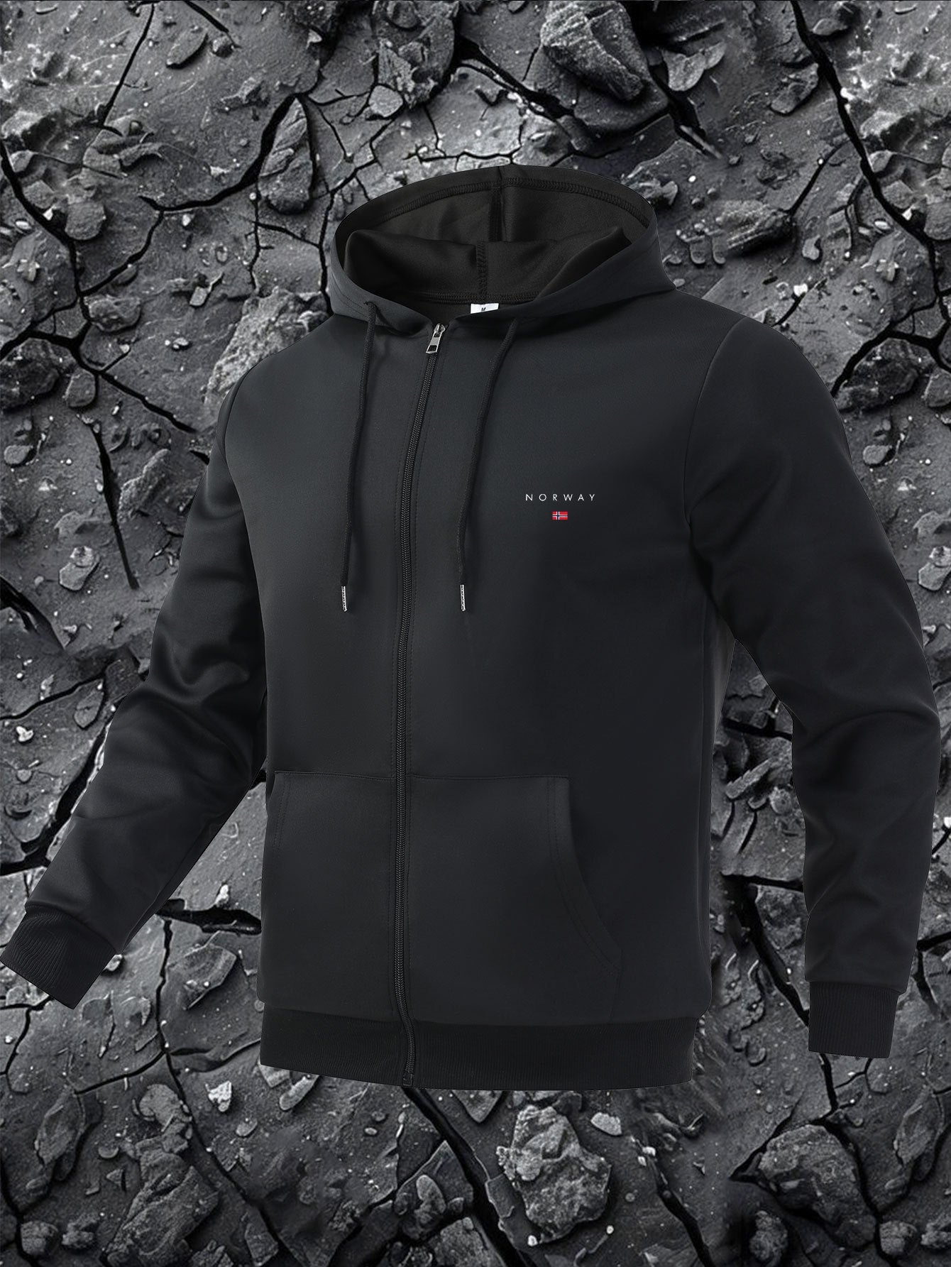 Giacca casual da uomo con cappuccio e stampa della mappa della Norvegia - Chiusura con cerniera, fodera in poliestere, tasche multiple, elegante design nero con logo rosso e bianco, capospalla casual |