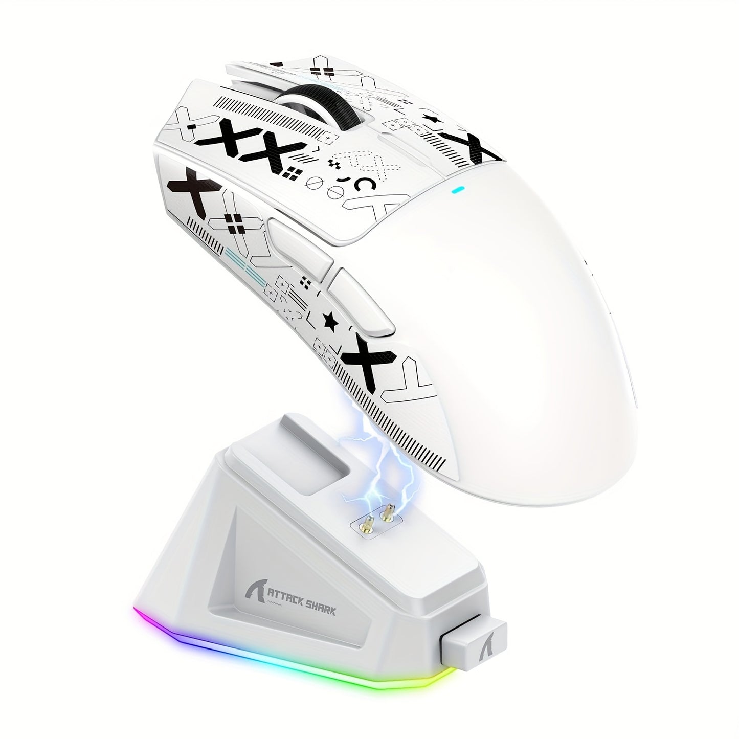 Mouse da gioco wireless leggero ATTACK SHARK X11 con base di ricarica RGB, modalità cablata 2.4G/USB-C/BT 3, 22K DPI, sensore PAW3311, interruttore HUYU, 5 pulsanti programmabili, per PC bianco e adesivo