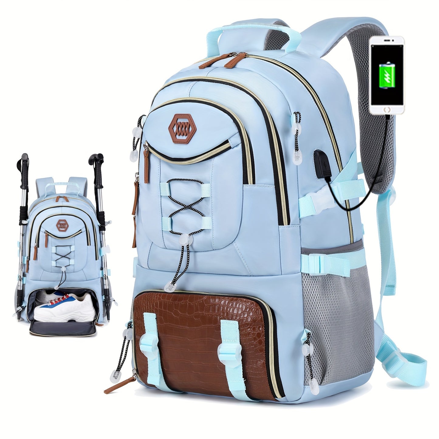 Zaino da viaggio di grande capacità da 40 litri con porta, scomparto per laptop da 17,3 e vano portascarpe - Zaino da trekking resistente con power bank, custodia imbottita per laptop, spallacci imbottiti regolabili