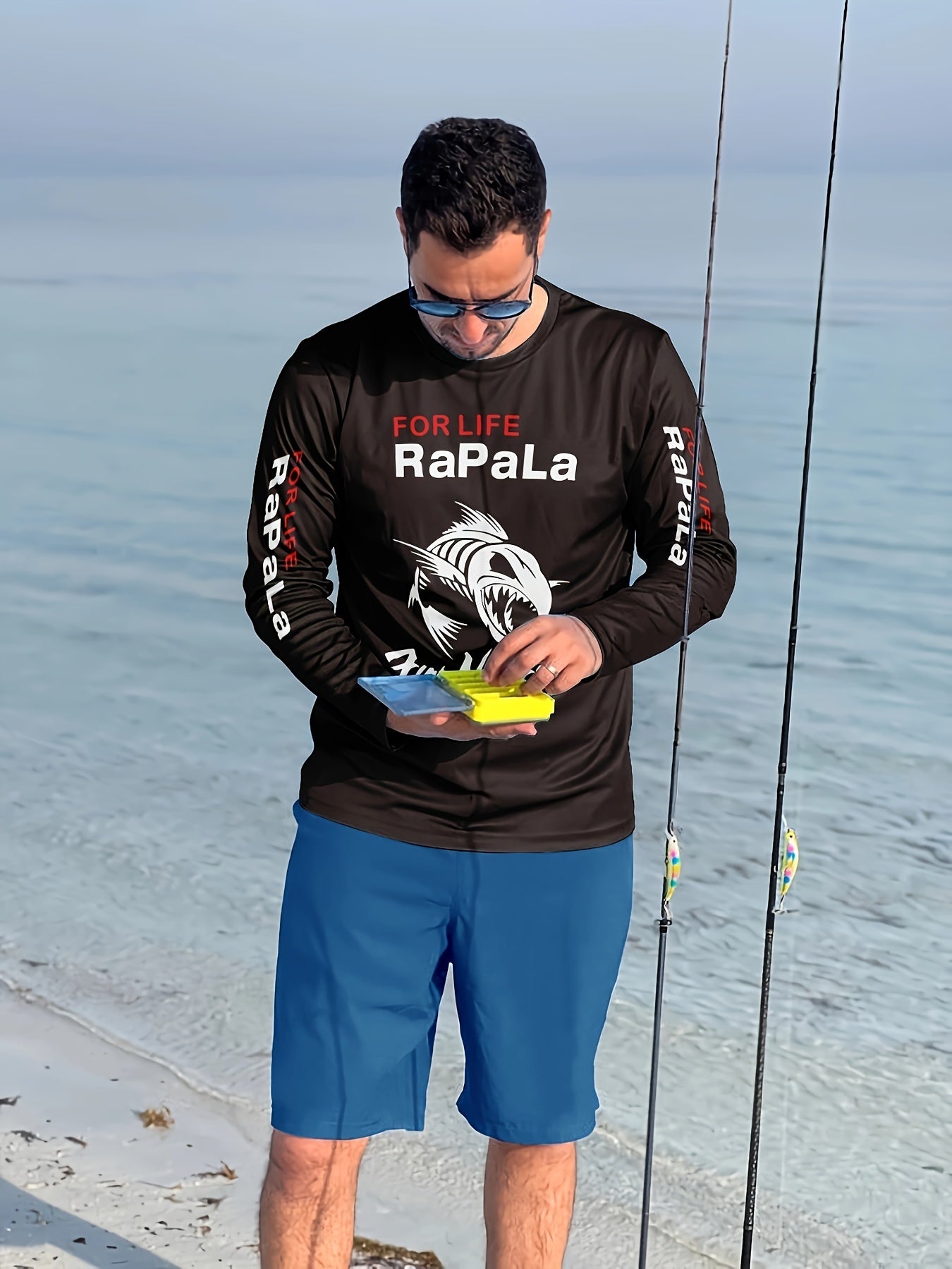 Maglietta a maniche lunghe elasticizzata ad asciugatura rapida da uomo con motivo a pesci - Perfetta per pesca, ciclismo e attività all'aperto, Primavera/Autunno, Scollo tondo, Moda