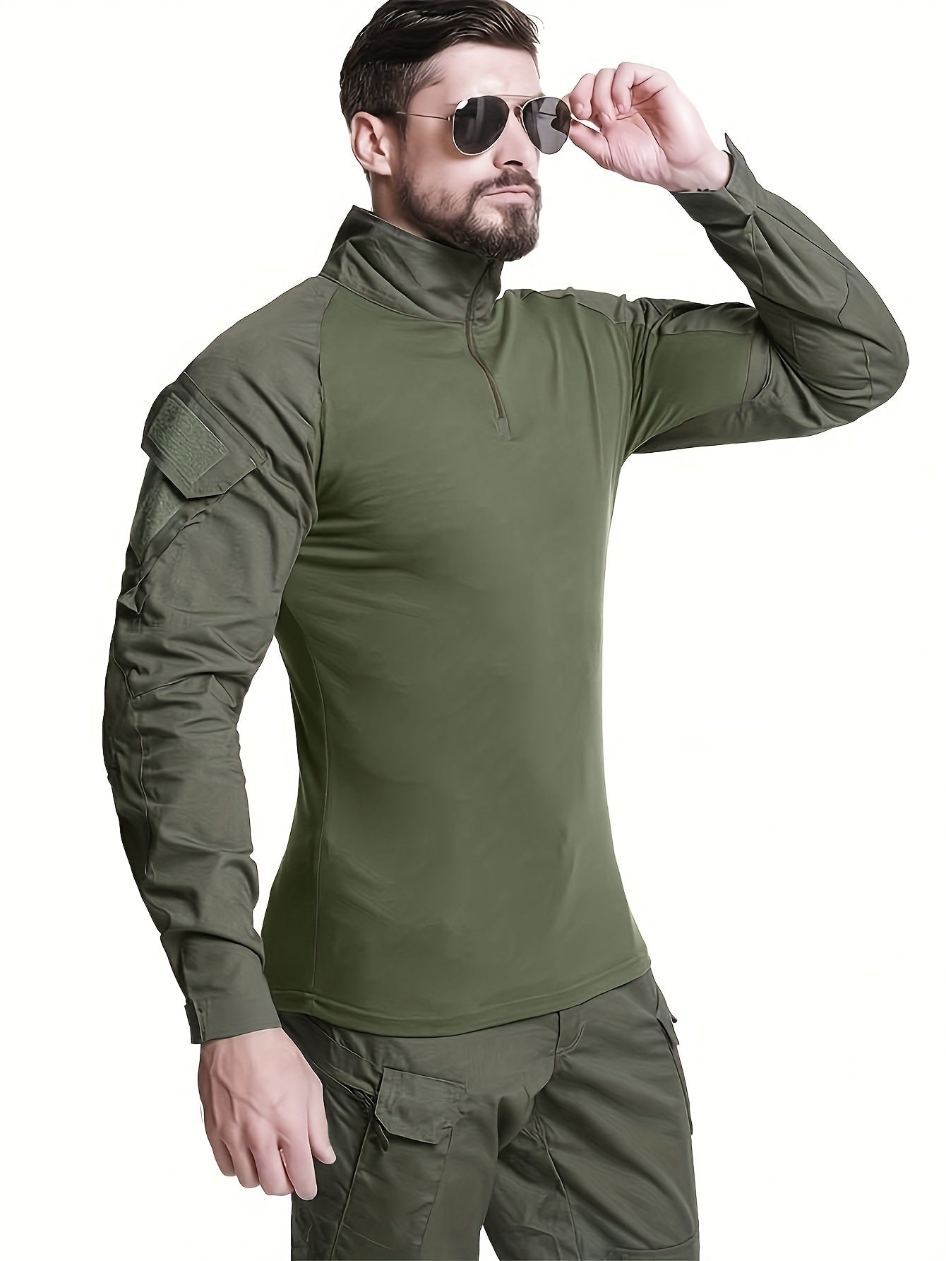 Camicia tattica da uomo a maniche lunghe verde militare - Traspirante, con cerniera, perfetta per escursionismo, arrampicata, campeggio, pesca e fitness