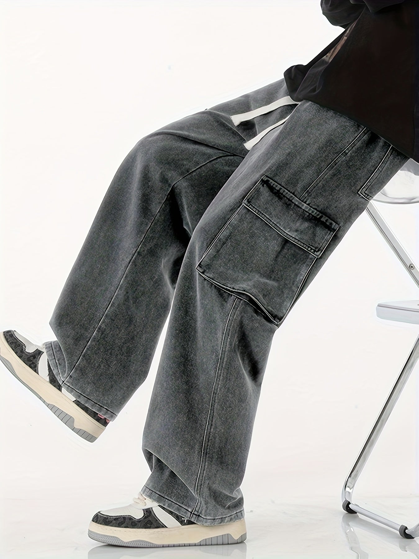 Men'S Hip-Hop Baggy Jeans, Loose Street-Style Pants That Drag on The Ground, Trendy Multi-Pocket Workwear Jeans Suitable for All Seasons.