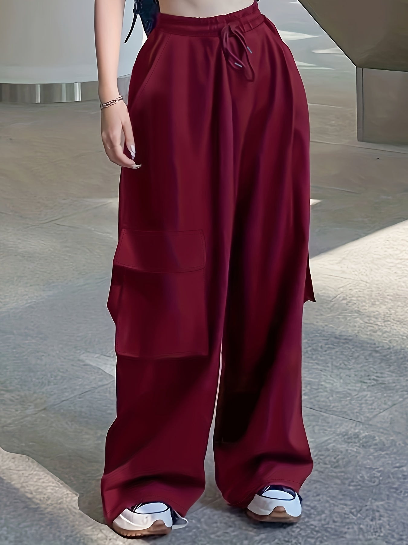 Y2K Drawstring Baggy Pants, Elastic Waist Long Length Pants With Pockets, Women's Clothing