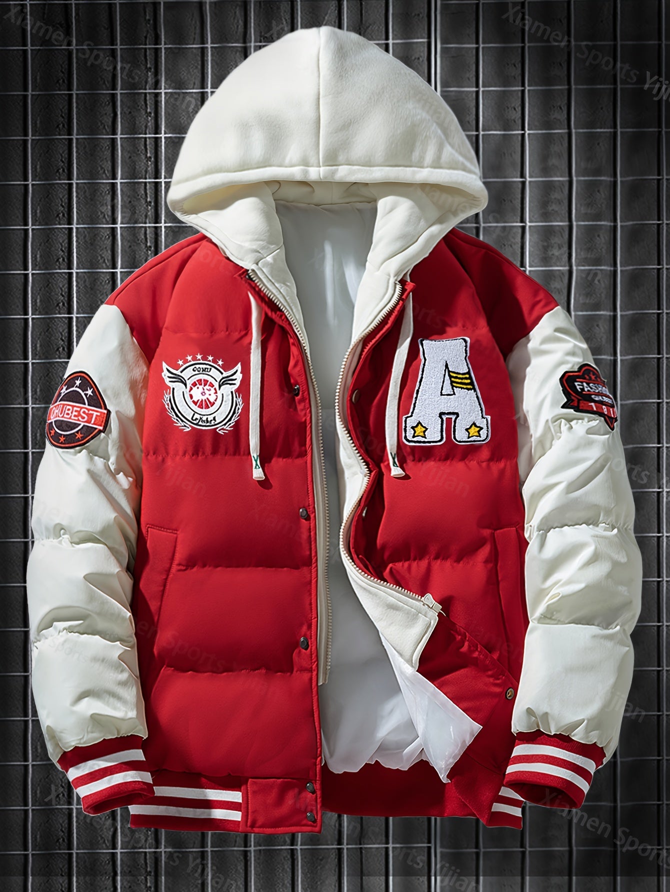 Giacca pesante con cappuccio da uomo e da donna - Cappotto da baseball a blocchi di colore rosso e bianco con chiusura frontale con cerniera, tessuto non elasticizzato - Capispalla invernale per coppie, abbigliamento casual da strada