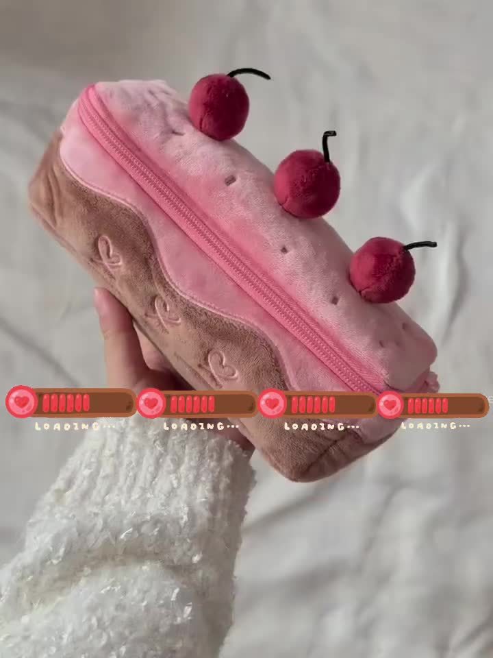 Astuccio portapenne a forma di torta con ciliegie, grazioso astuccio portapenne in peluche con cerniera, grande capacità, organizer portatile per cancelleria