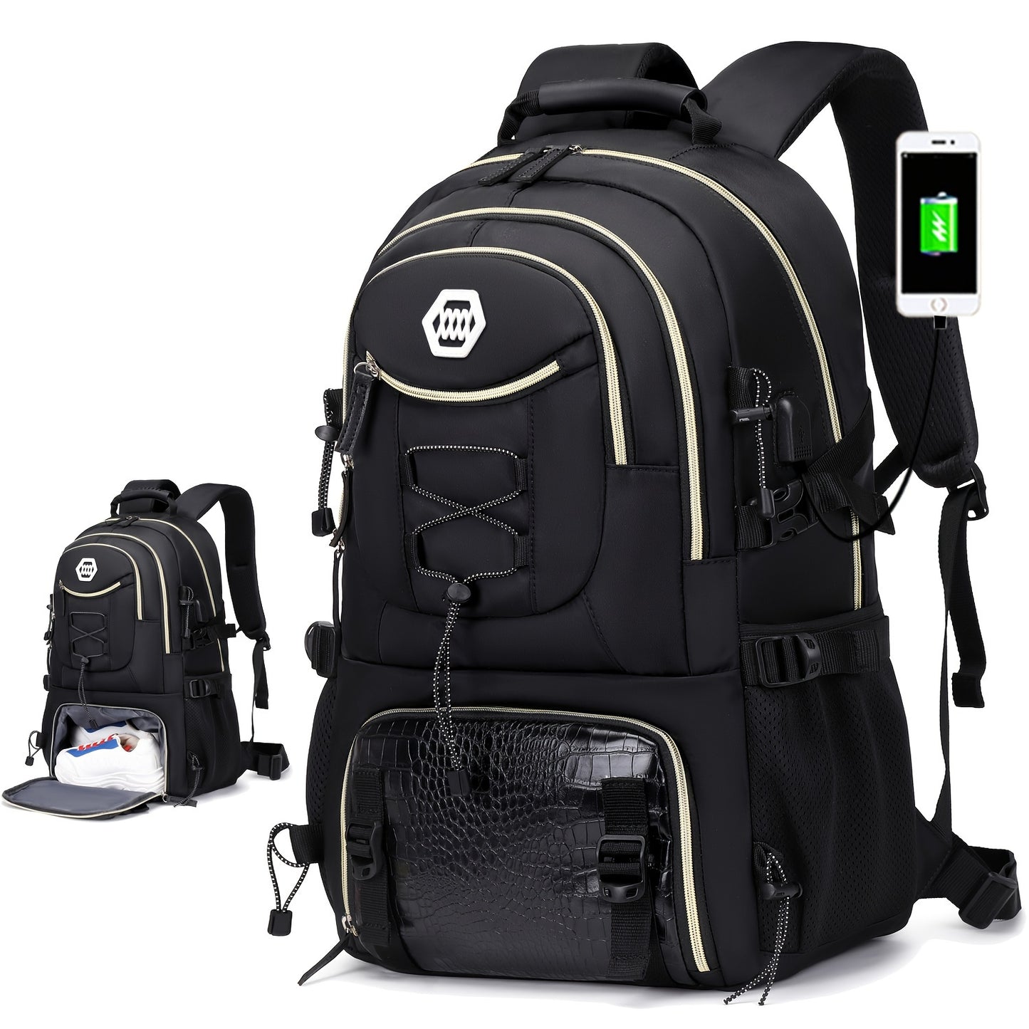 Zaino da viaggio di grande capacità da 40 litri con porta, scomparto per laptop da 17,3 e vano portascarpe - Zaino da trekking resistente con power bank, custodia imbottita per laptop, spallacci imbottiti regolabili