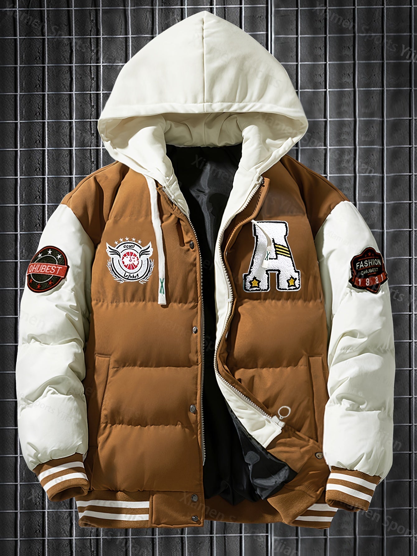 Giacca pesante con cappuccio da uomo e da donna - Cappotto da baseball a blocchi di colore rosso e bianco con chiusura frontale con cerniera, tessuto non elasticizzato - Capispalla invernale per coppie, abbigliamento casual da strada