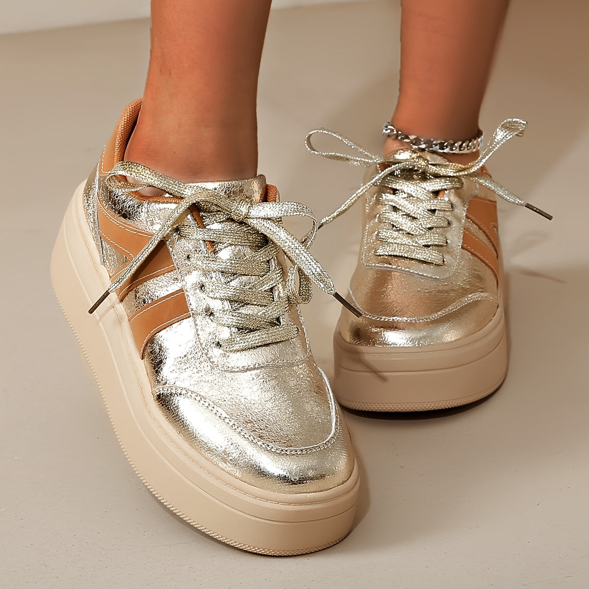 Silvery Sneakers Women's Platform Soles Lace-up Round Toe Casual Shoes
