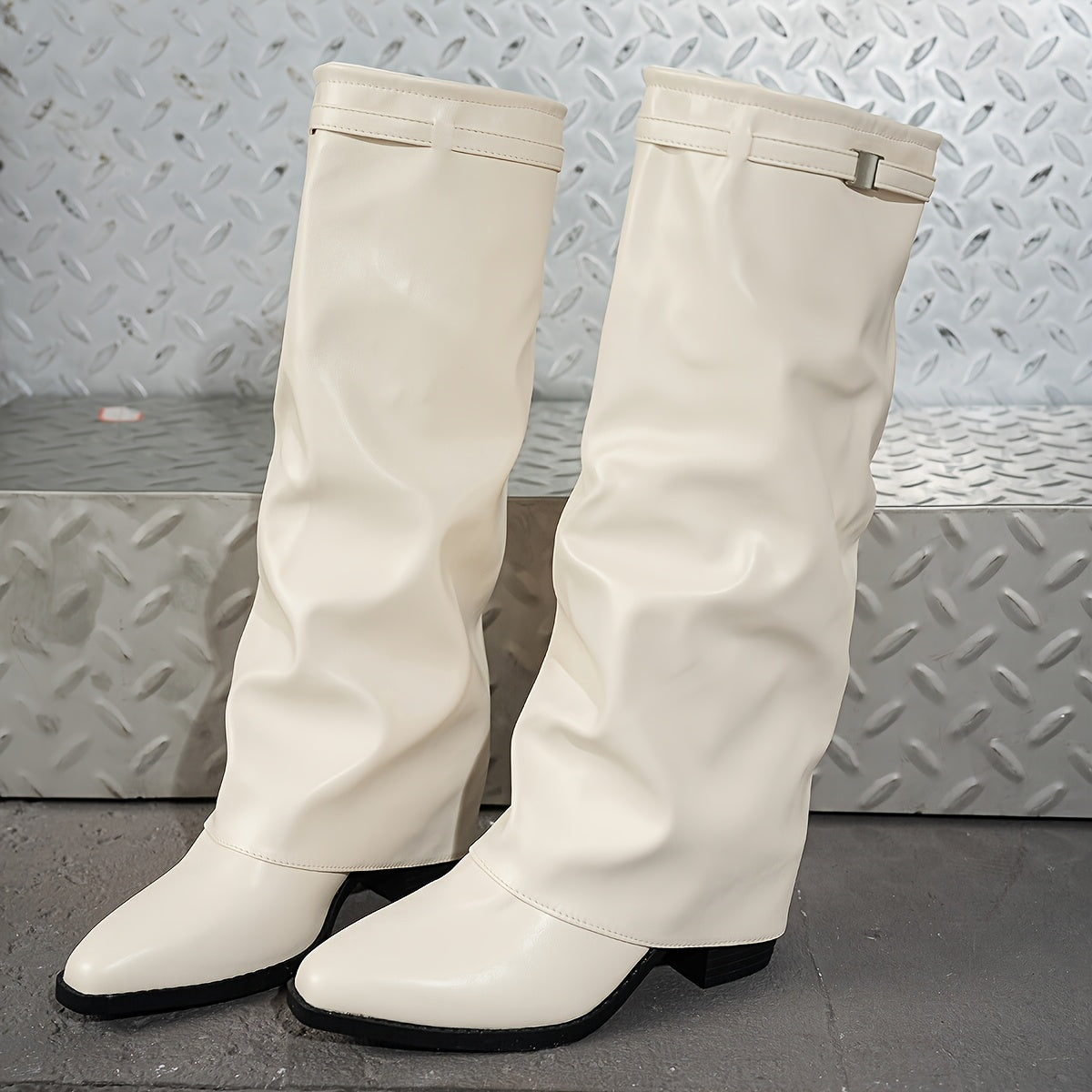 Stivaletti da donna con tacco largo e slip-on - Punta a punta, rivestimento sintetico, scarpe casual e formali versatili per tutte le stagioni con suola in TPR, beige e nero, tessuto comodo