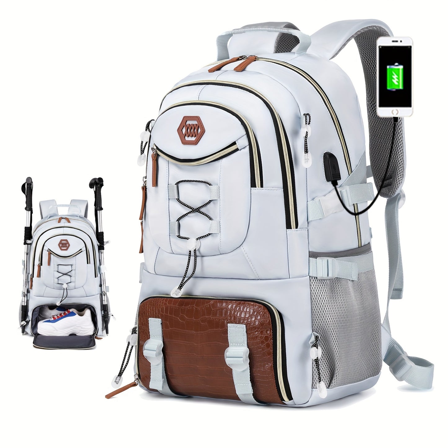 Zaino da viaggio di grande capacità da 40 litri con porta, scomparto per laptop da 17,3 e vano portascarpe - Zaino da trekking resistente con power bank, custodia imbottita per laptop, spallacci imbottiti regolabili