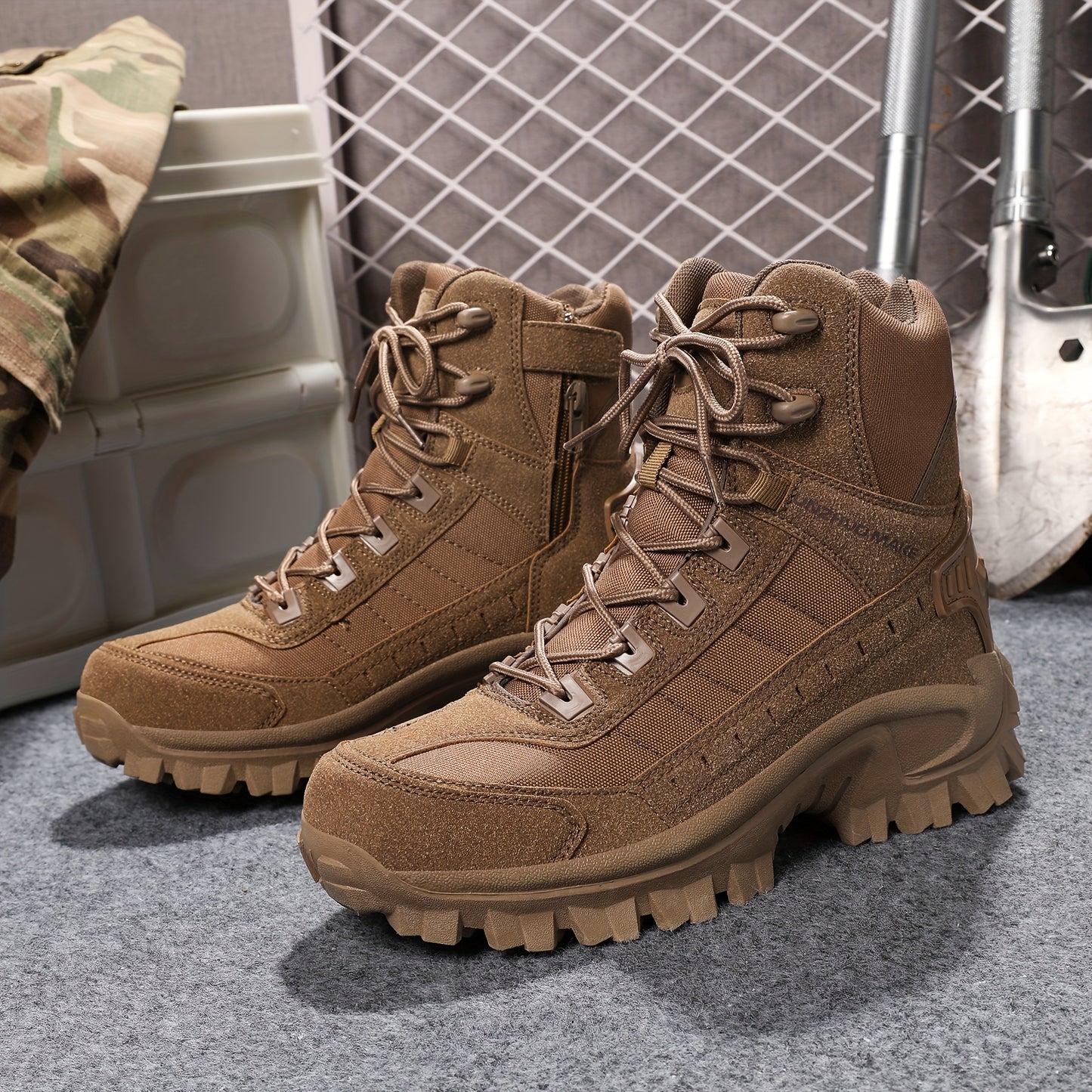Scarpe da trekking da uomo in stile militare, alte e robuste, con cerniera laterale, comode e resistenti scarpe da ginnastica casual antiscivolo per attività all'aperto da uomo