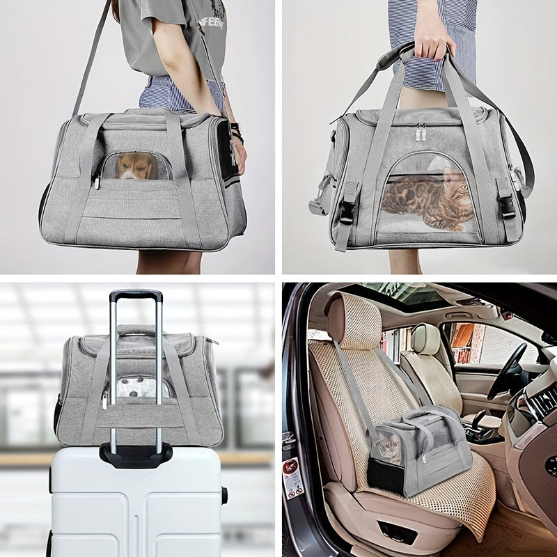 Trasportino portatile per gatti con materassino in peluche - Borsa da viaggio traspirante di grande capacità per le gite con animali domestici, chiusura con cerniera, rete ventilata e fodera morbida, cinghie di sicurezza per auto e uso esterno