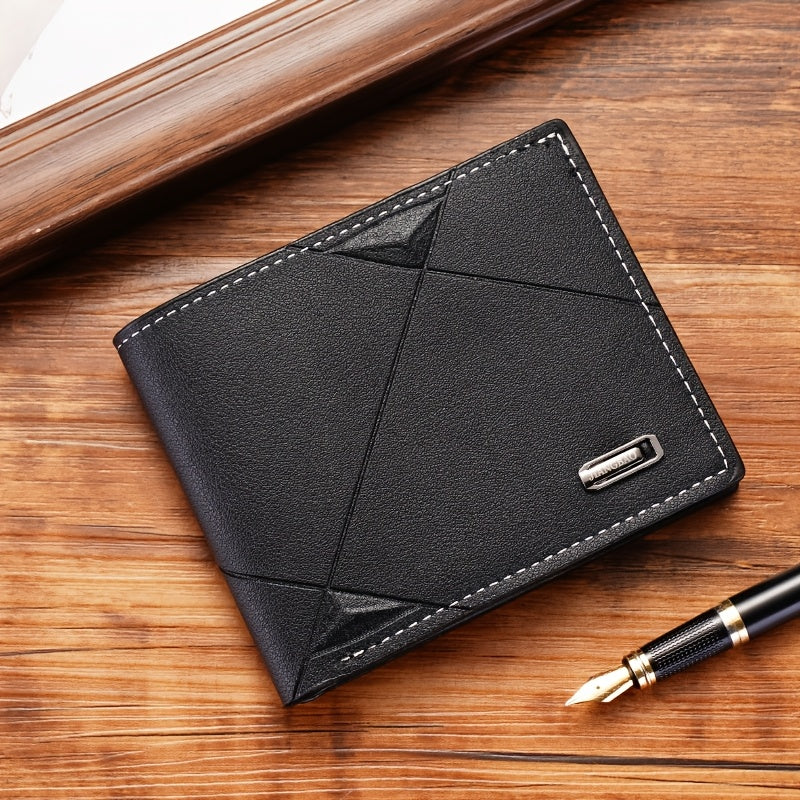 Set di 6 accessori classici casual da uomo in similpelle nera: portafoglio a righe, orologio con quadrante quadrato, occhiali, portachiavi, biglietto d'auguri, cintura