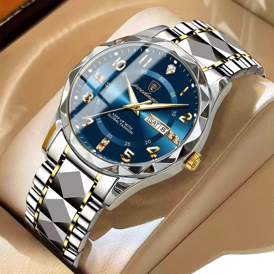 Orologio da polso al quarzo da uomo POEDAGAR, casual, business, da sera, luminoso, cinturino in lega, cassa rotonda, display digitale, movimento svizzero, azionamento elettronico, batteria a bottone non ricaricabile