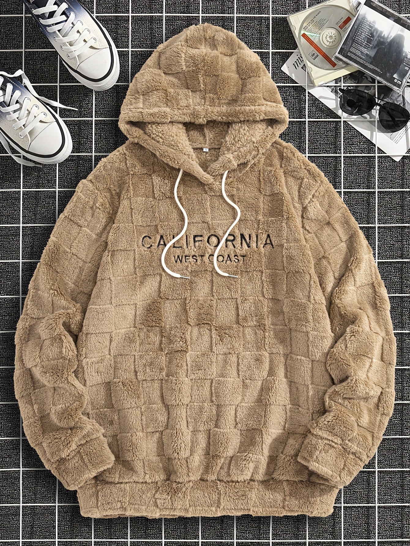 Felpa con cappuccio da uomo in peluche ricamata California Westcoast - Pile doppio in poliestere spesso e morbido con dettagli a quadri, pullover casual a maniche lunghe per autunno e inverno, felpa con cappuccio foderata in pile