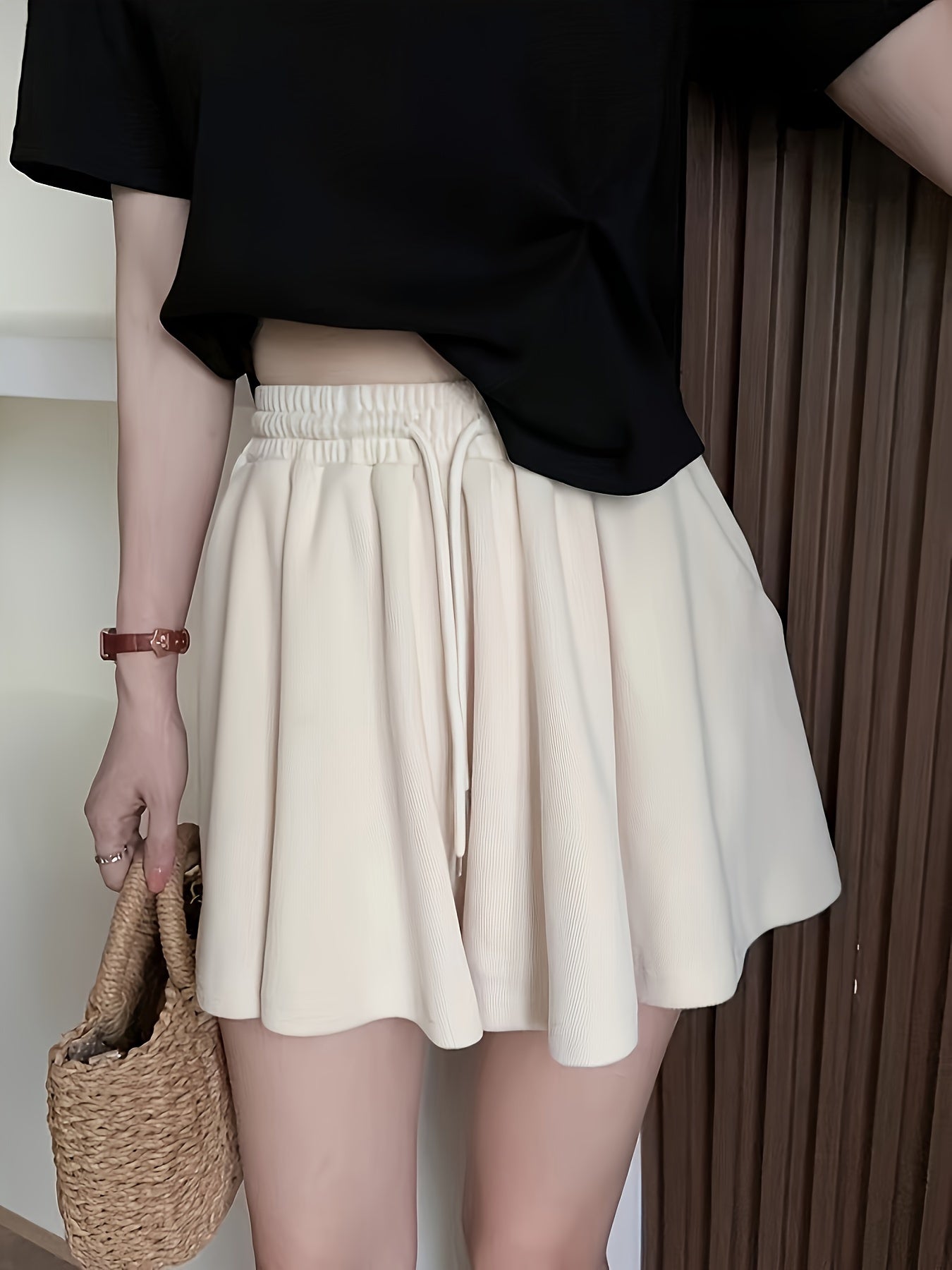 Solid Color Drawstring Waist Shorts, Casual Every Day Baggy Walking Shorts For Spring & Summer, Women's Clothing