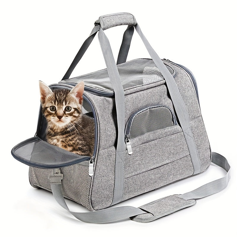 Trasportino portatile per gatti con materassino in peluche - Borsa da viaggio traspirante di grande capacità per le gite con animali domestici, chiusura con cerniera, rete ventilata e fodera morbida, cinghie di sicurezza per auto e uso esterno