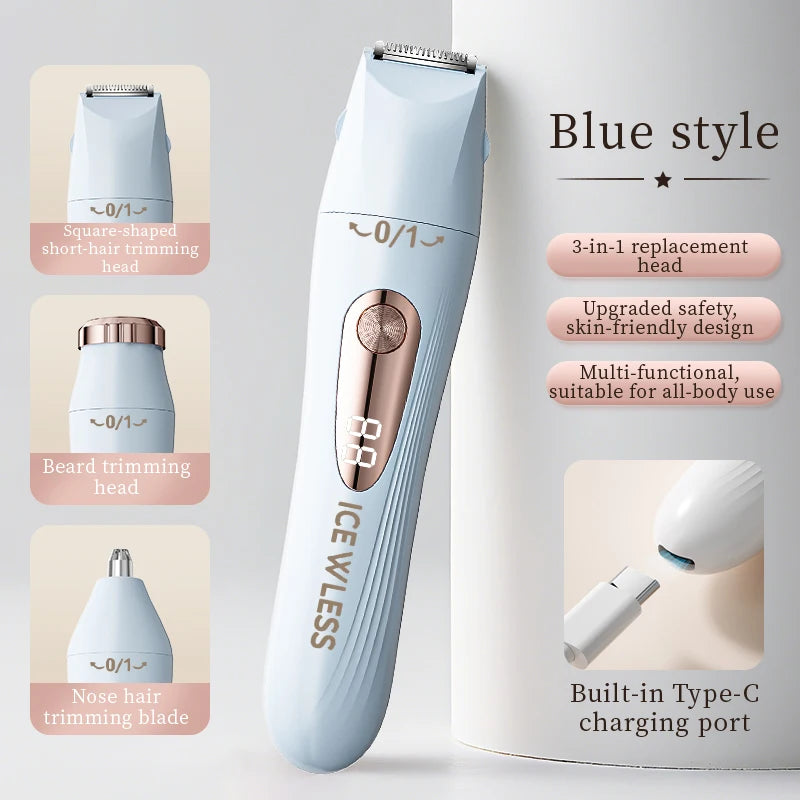 Rasoio elettrico da donna 3 in 1, epilatore portatile indolore, rifinitore bikini, rasoio per il viso, per corpo, ascelle e gambe.