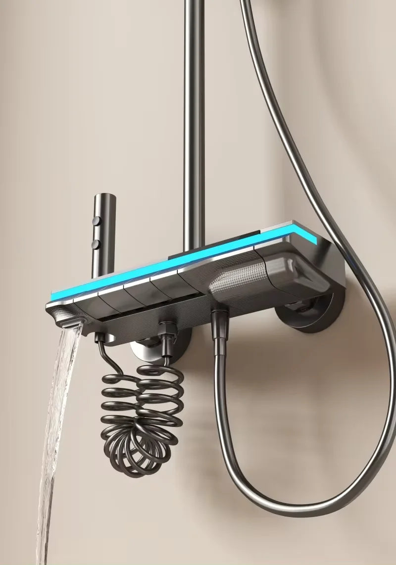 Set di rubinetti per doccia da bagno con luce a LED, display digitale, termostato per doccia, rubinetti in rame con scarico ad alta pressione, docce per bagni.
Bathroom Shower System High Quality Fourth Gear Bathroom Key Digi