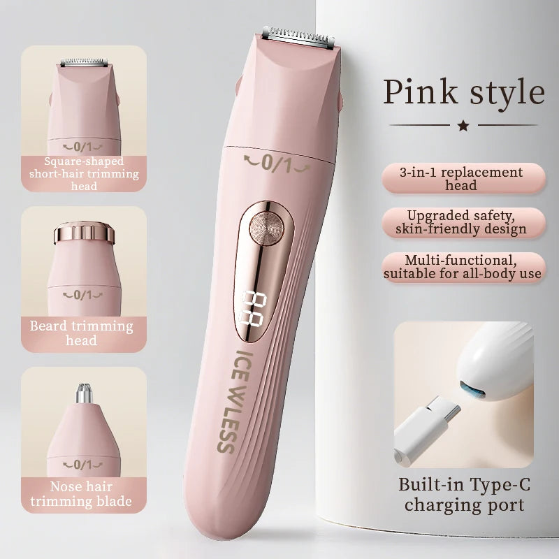 Rasoio elettrico da donna 3 in 1, epilatore portatile indolore, rifinitore bikini, rasoio per il viso, per corpo, ascelle e gambe.