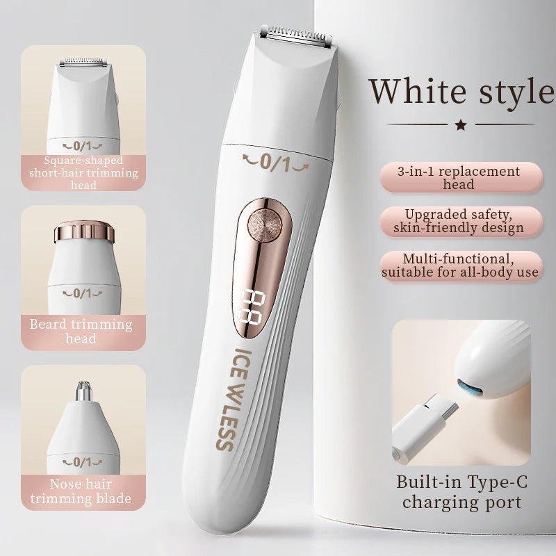 Rasoio elettrico da donna 3 in 1, epilatore portatile indolore, rifinitore bikini, rasoio per il viso, per corpo, ascelle e gambe.