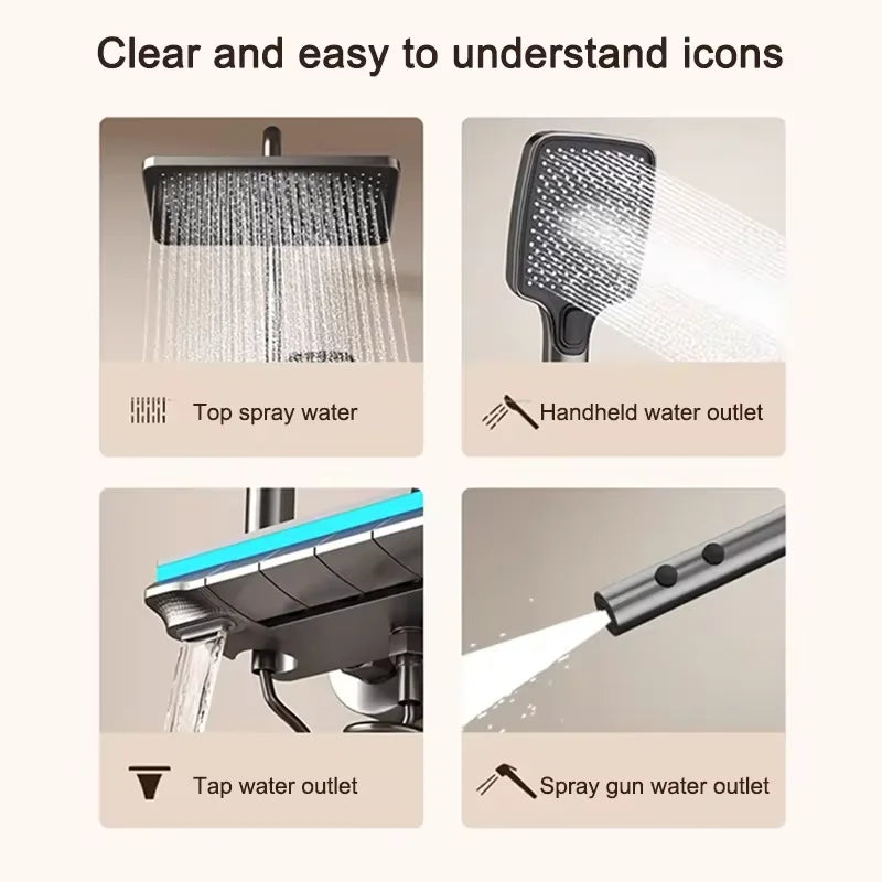 Set di rubinetti per doccia da bagno con luce a LED, display digitale, termostato per doccia, rubinetti in rame con scarico ad alta pressione, docce per bagni.
Bathroom Shower System High Quality Fourth Gear Bathroom Key Digi
