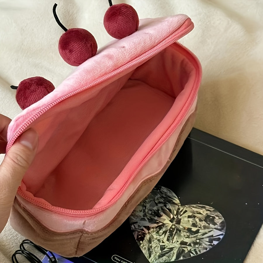 Astuccio portapenne a forma di torta con ciliegie, grazioso astuccio portapenne in peluche con cerniera, grande capacità, organizer portatile per cancelleria