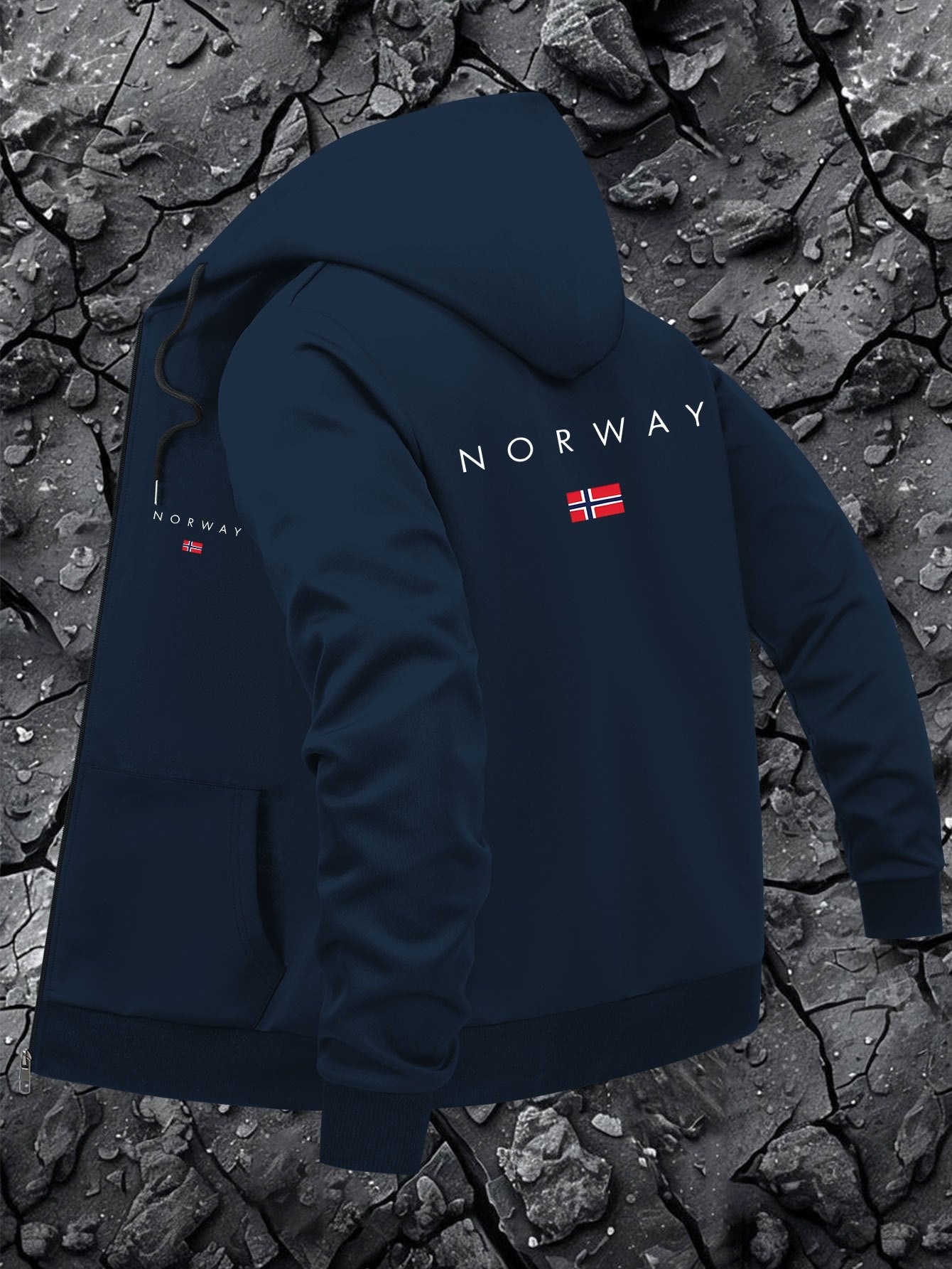 Giacca casual da uomo con cappuccio e stampa della mappa della Norvegia - Chiusura con cerniera, fodera in poliestere, tasche multiple, elegante design nero con logo rosso e bianco, capospalla casual |