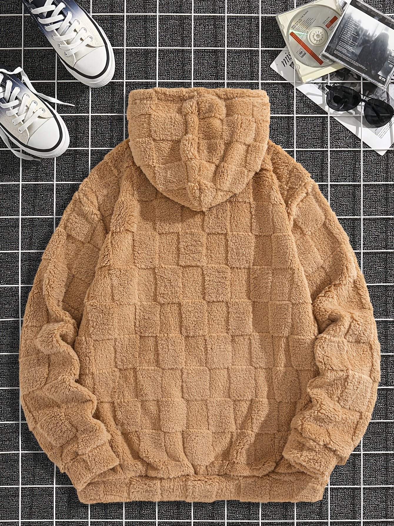 Felpa con cappuccio da uomo in peluche ricamata California Westcoast - Pile doppio in poliestere spesso e morbido con dettagli a quadri, pullover casual a maniche lunghe per autunno e inverno, felpa con cappuccio foderata in pile