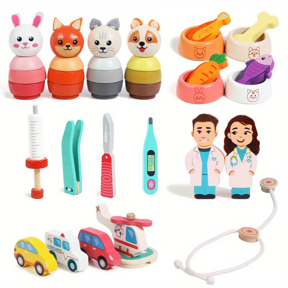 Giocattoli di simulazione per ospedali per animali, giocattoli educativi colorati in legno, gioco creativo e sviluppo delle capacità motorie, sviluppo del riconoscimento dell'abbinamento delle forme